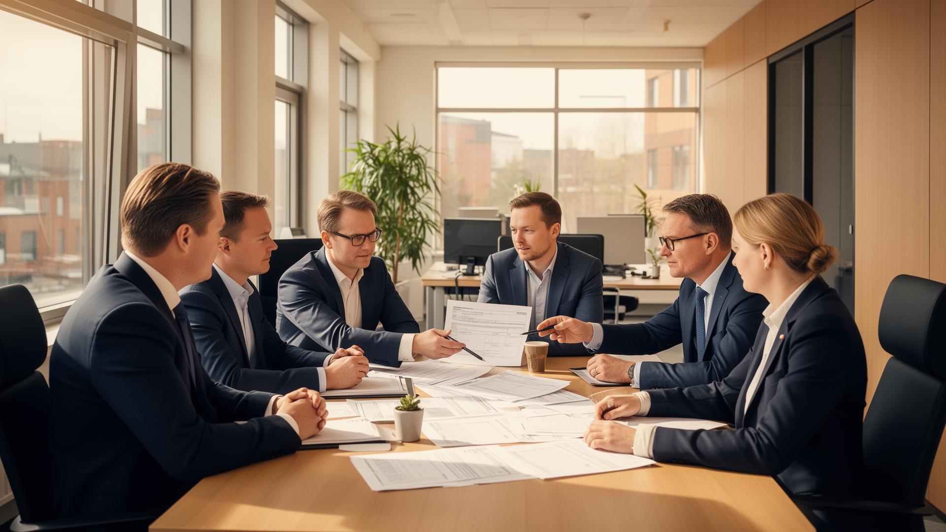 Företagsledare diskuterar elavtal på kontor