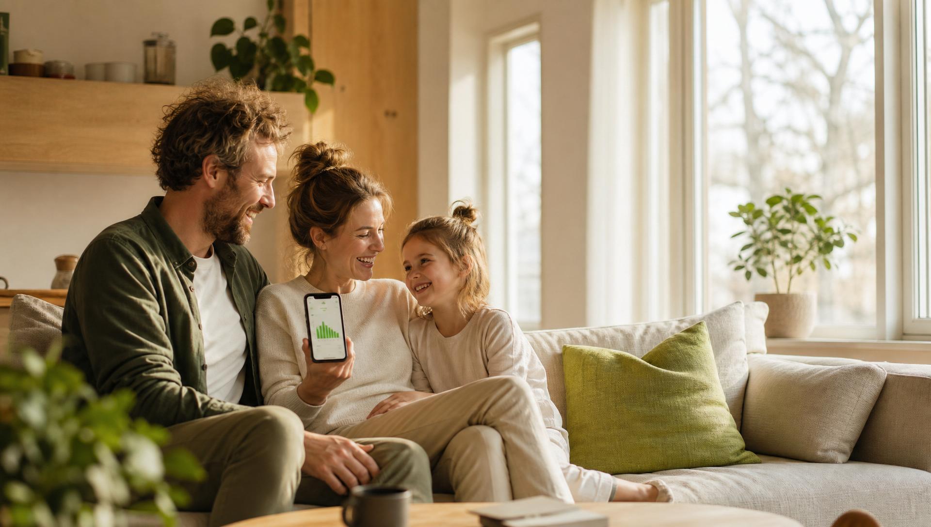 Familj i ljust nordiskt hem tittar tillsammans på Elery-appen