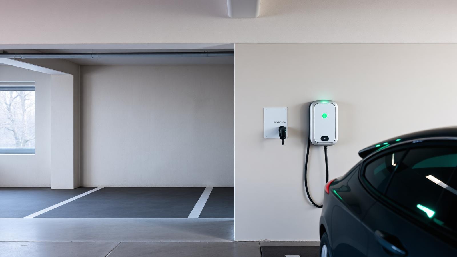 Modern laddbox monterad på vägg i bostadsrättsförenings garage